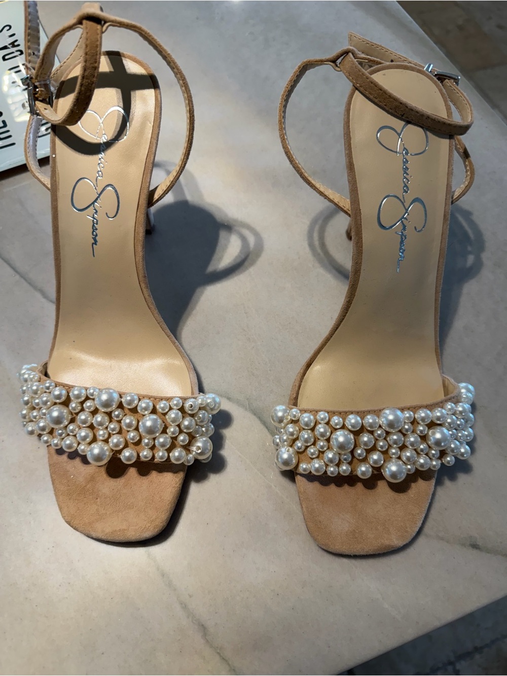 Jessica Simpson Tan Pearl Cluster Ankle-Strap Heels Size 9/40